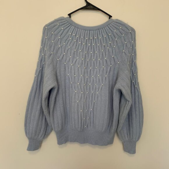 MARISA CHRISTINA BEAUTIFUL LIGHT BLUE LAMBSWOOLSWEATER W/WHITE BEADS SIZE SMALL - Picture 3 of 5